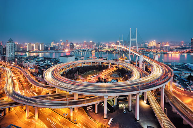 beautiful nanpu bridge at dusk ,crosses huangpu river ,shanghai beautiful nanpu bridge at dusk ,crosses huangpu river ,shanghai ,China