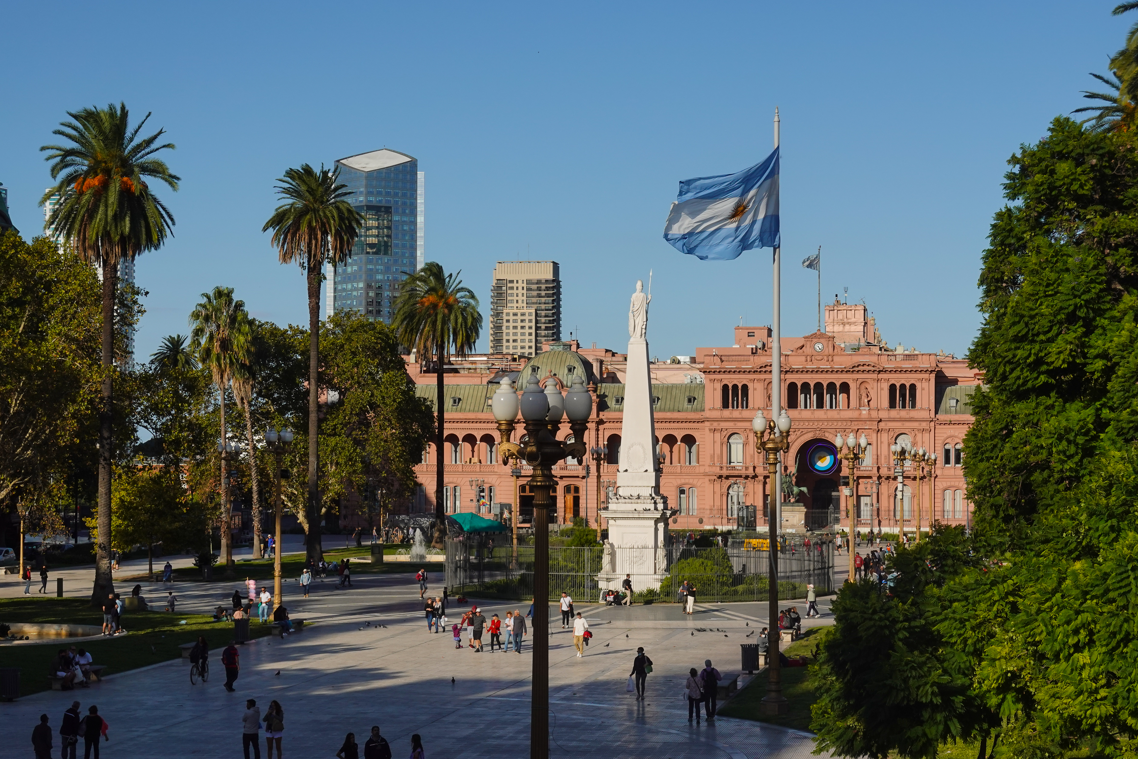 Argentinian flag flying over the Plaza de Mayo in Buenos Aires, Argentina