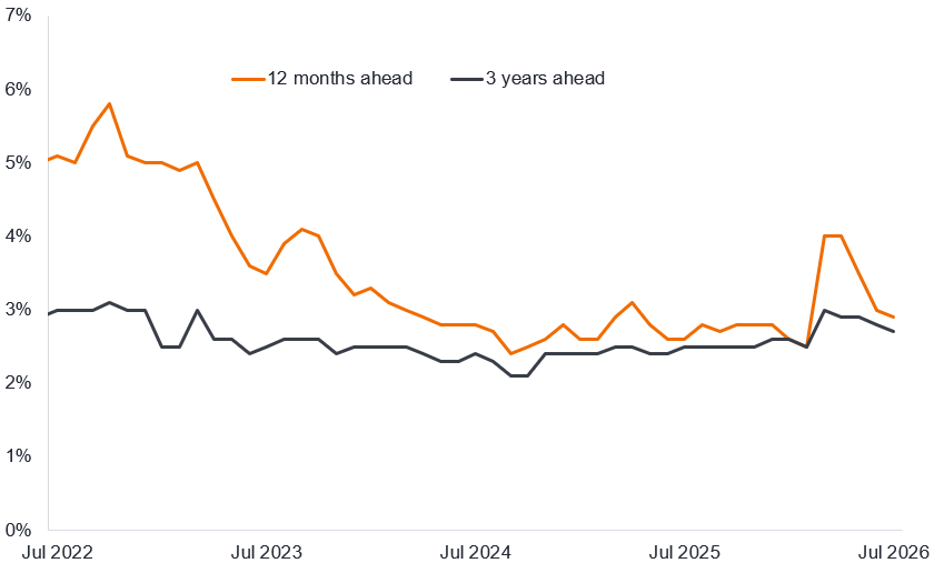 Grafico a linee che mostra due linee per le aspettative di inflazione, una Orange che mostra le aspettative a 12 mesi e una grigia che mostra le aspettative a 3 anni. Le aspettative riflettono le risposte ai sondaggi raccolte tra il luglio 2022 e il luglio 2026. Le aspettative di inflazione a 12 mesi sono calate costantemente da oltre il 5% a meno del 3% entro il 2025, prima di salire sopra il 4% all'inizio del 2026 e poi scendere di nuovo a circa il 3% più di recente. Per quanto riguarda le aspettative di inflazione a 3 anni, queste hanno iniziato il loro corso intorno al 3% nel 2022, per poi scendere al minimo del 2,1% nel 2024, prima di risalire nel 2026 e poi scendere di nuovo negli ultimi mesi a poco meno del 3%.