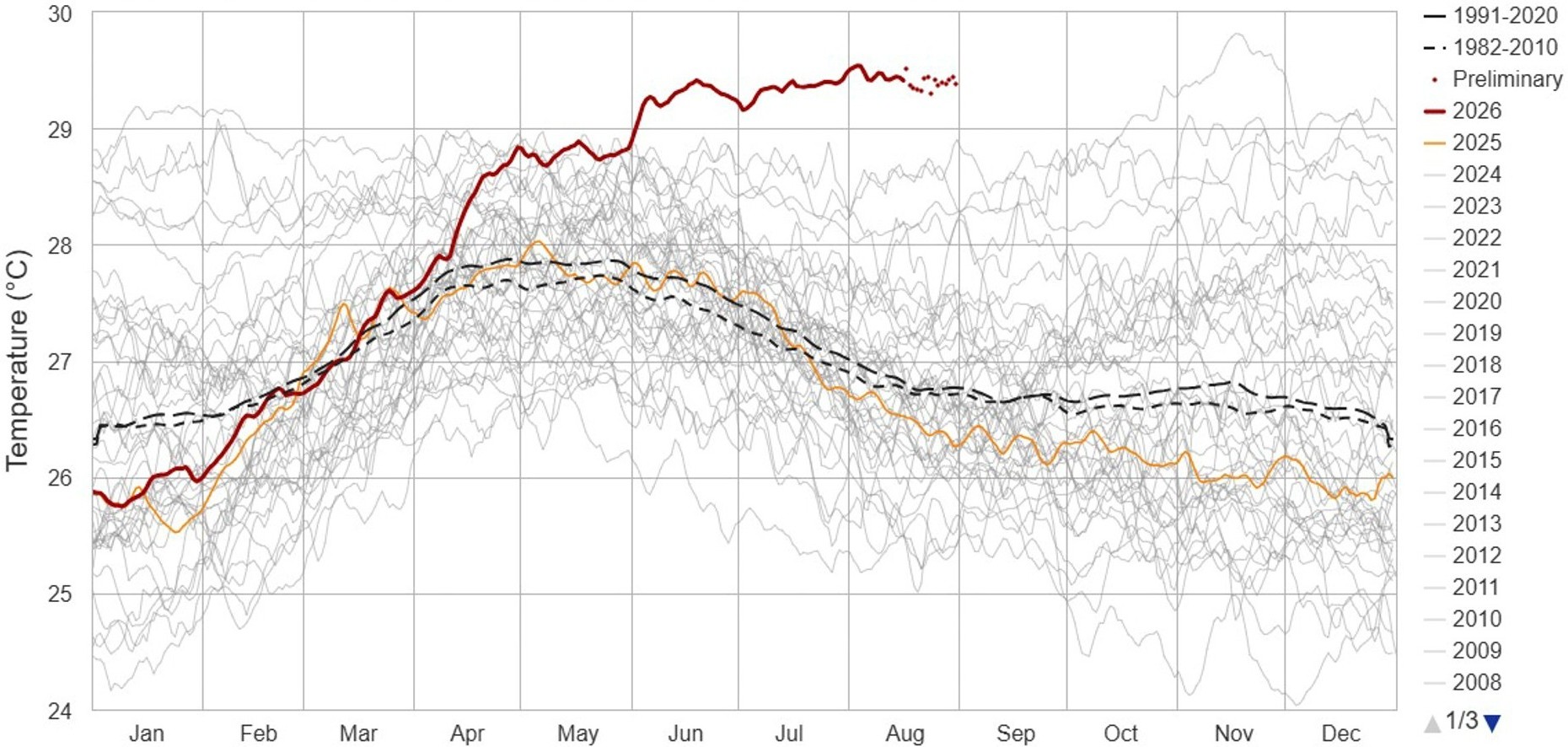 The y-axis shows temperature from 24°C to 30°C and the x-axis shows months from January to December. Numerous grey lines represent individual years from 2008 to 2024. Two black reference lines represent climatological averages for 1991–2020 (solid/dashed) and 1982–2010 (dashed). The 2026 series (dark red) starts slightly below average in January, crosses the averages in late February, rises sharply through March and April, exceeds 29°C by late May, and stays around 29.2–29.5°C through July and August, markedly higher than all averages and most historical years. Dotted red points indicate preliminary August 2026 data. The 2025 series (gold) broadly tracks the averages before trending slightly below average during the second half of the year.