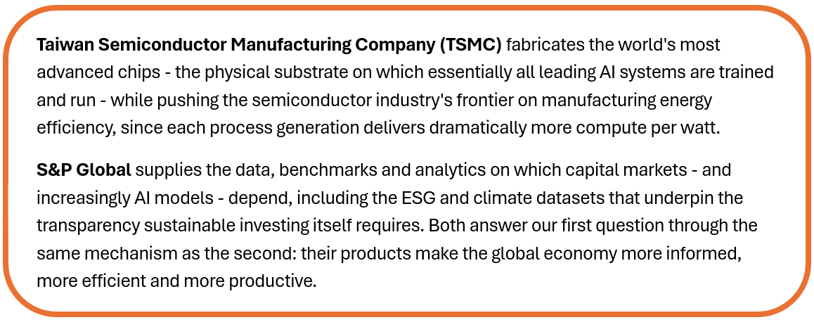 Text box highlighting two examples of AI enablers. Taiwan Semiconductor Manufacturing Company (TSMC) produces advanced semiconductor chips that underpin AI computing while improving energy efficiency. S&P Global provides data, benchmarks and analytics used by capital markets and AI models, helping improve transparency, efficiency and productivity.