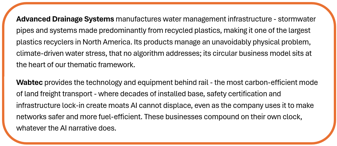 Text box describing two examples of AI-resilient businesses. Advanced Drainage Systems manufactures stormwater infrastructure using recycled plastics to address water management challenges. Wabtec provides rail transport technology and equipment, benefiting from long-established infrastructure, safety certifications and network advantages that are difficult for AI to disrupt.