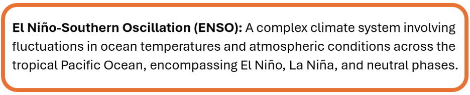 El Niño-Southern Oscillation (ENSO) definition panel stating: “El Niño-Southern Oscillation (ENSO): A complex climate system involving fluctuations in ocean temperatures and atmospheric conditions across the tropical Pacific Ocean, encompassing El Niño, La Niña, and neutral phases.”