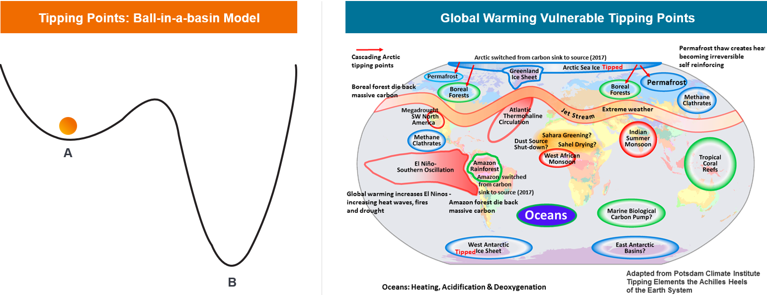 Two-panel graphic comparing ecological tipping points. Left panel, “Tipping Points: Ball-in-a-basin Model”, shows a ball in a shallow basin (A) and a deeper alternative basin (B), illustrating different system states and thresholds. Right panel, “Global Warming Vulnerable Tipping Points”, maps major climate tipping elements including Greenland and West Antarctic ice sheets, Arctic sea ice, permafrost, boreal forests, Amazon rainforest, Atlantic thermohaline circulation, El Niño-Southern Oscillation, Indian and West African monsoons, tropical coral reefs and ocean systems, with notes indicating some elements may have already tipped or switched from carbon sinks to carbon sources.