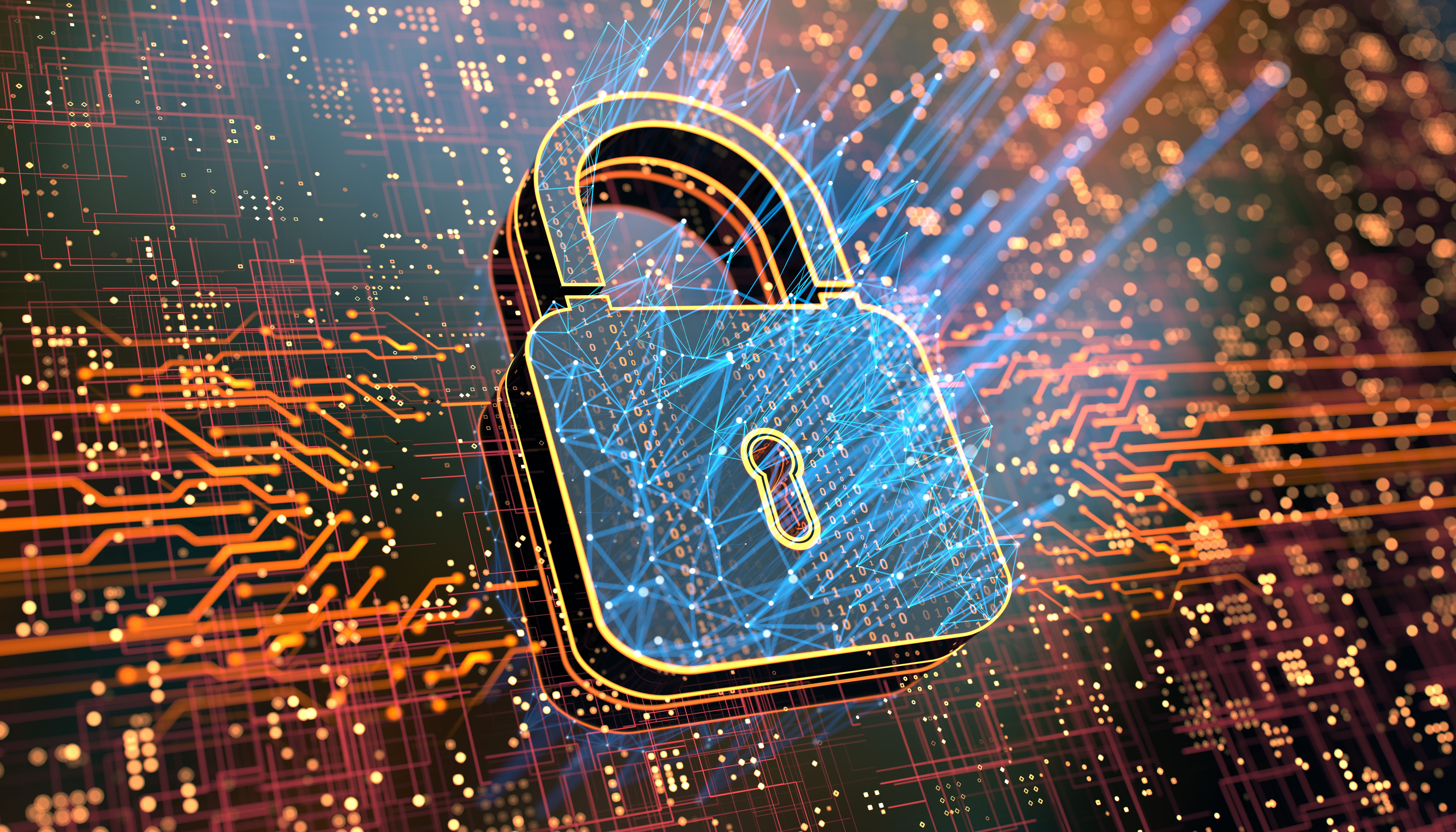 A digital image of a padlock on a futuristic integrated circuit background