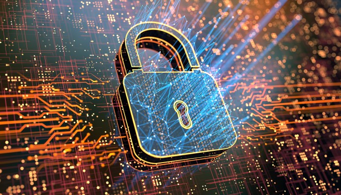 A digital image of a padlock on a futuristic integrated circuit background