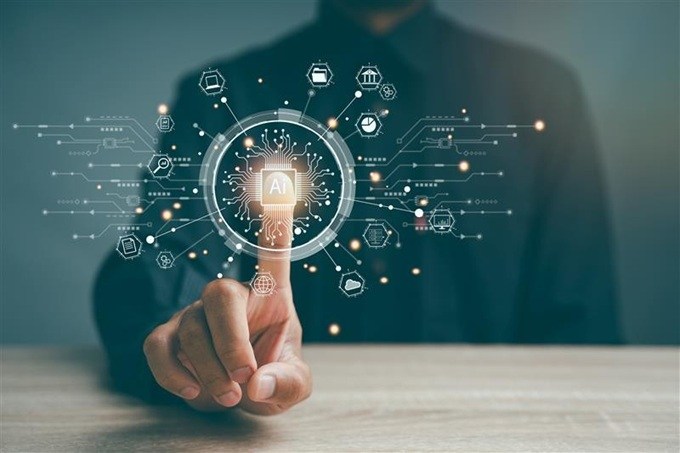 Human reaching towards a screen to interact with AI