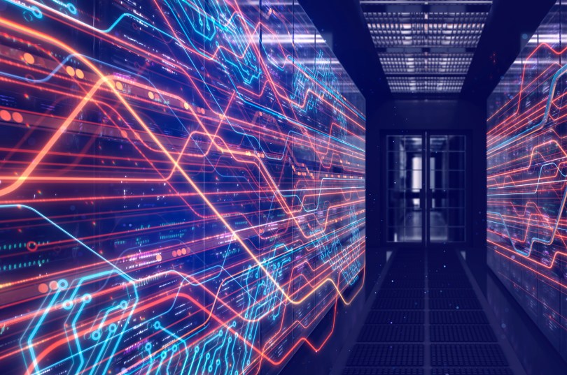 AI Abstract image of a data center communication using optical semiconductors.