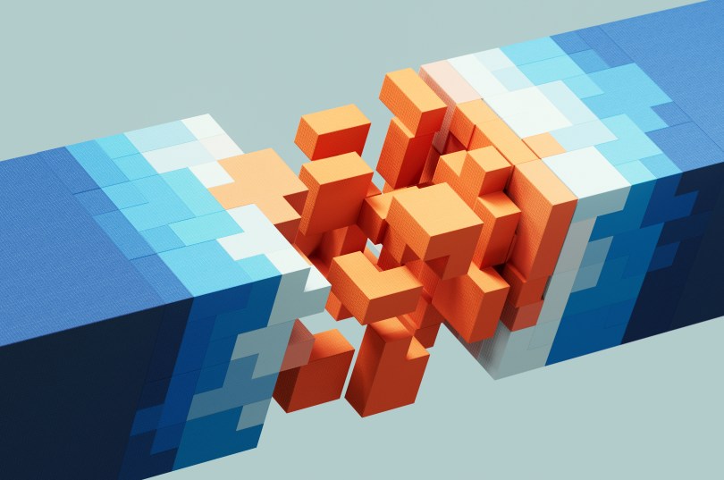 Abstract cubes collide in a burst of data energy, symbolizing AI logic, data integration, cloud infrastructure, and seamless digital collaboration.