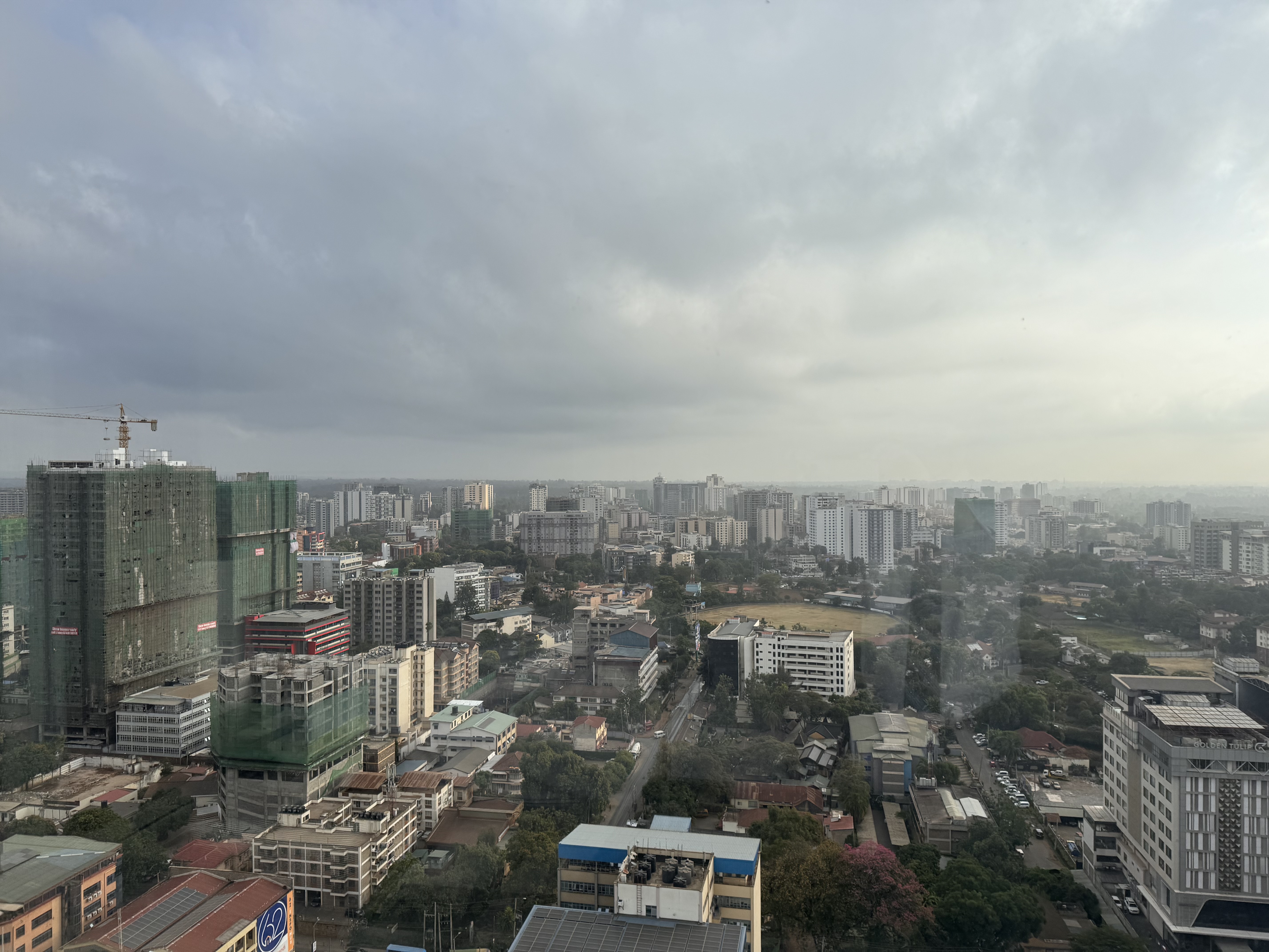 Panoramic view of a sprawling city with mid‑ and high‑rise buildings, construction sites, and tree‑lined streets under an overcast sky.