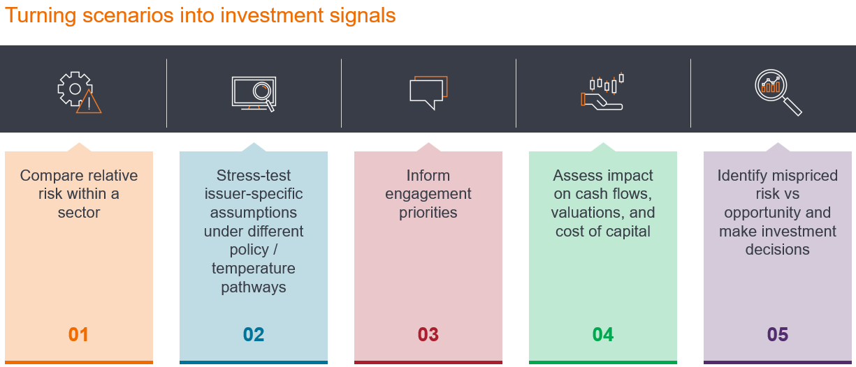 Flow diagram titled “Turning scenarios into investment signals”. Five-step process: (01) compare relative risk within a sector, (02) stress-test issuer-specific assumptions under different policy or temperature pathways, (03) inform engagement priorities, (04) assess impact on cash flows, valuations and cost of capital, and (05) identify mispriced risk versus opportunity to support investment decisions. Icons above each stage illustrate analysis, assessment and investment evaluation.